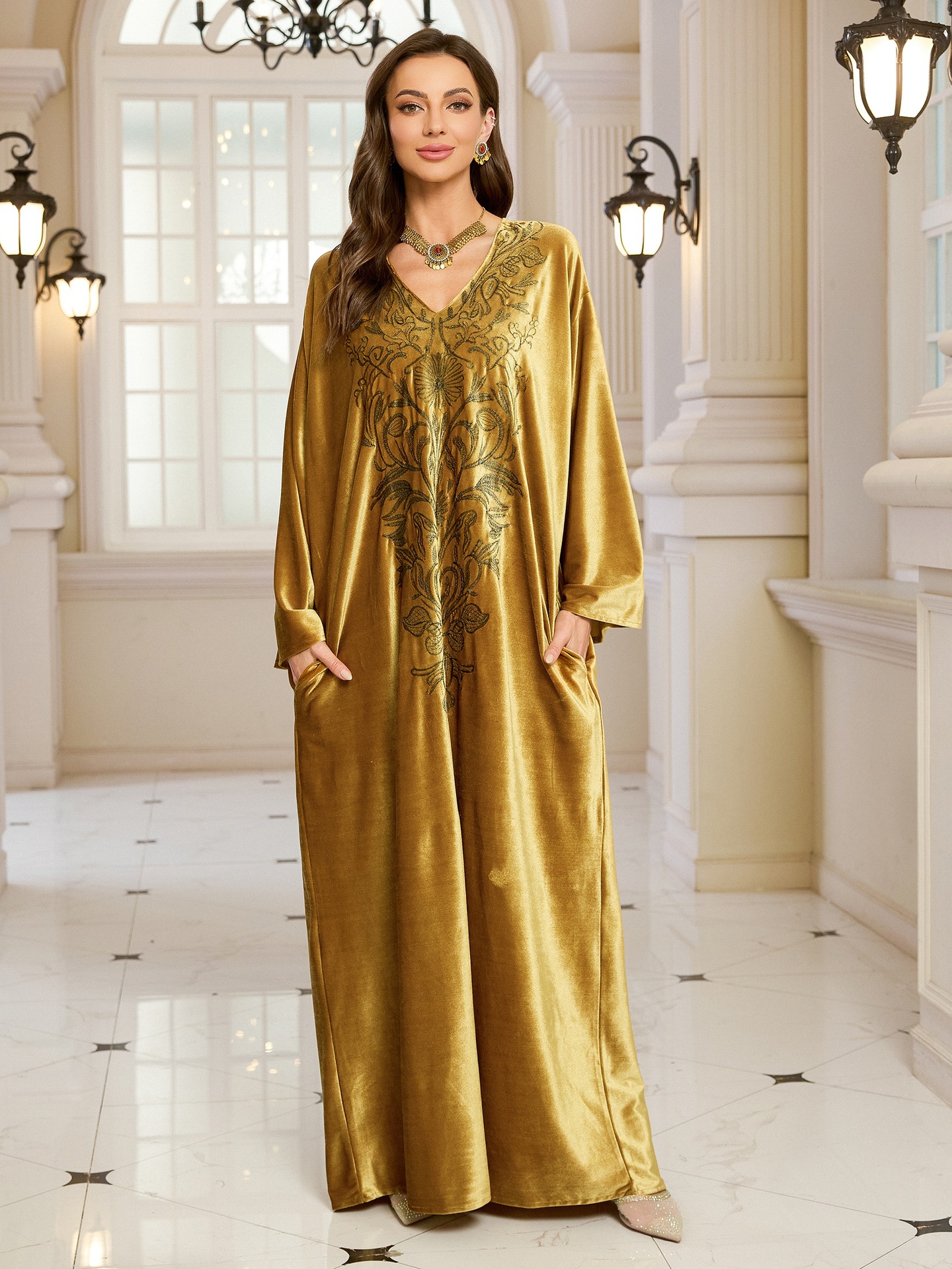 Elegant Embroidered Kaftan Dress Beach Bathing Suit Cover up Long Maxi Dress